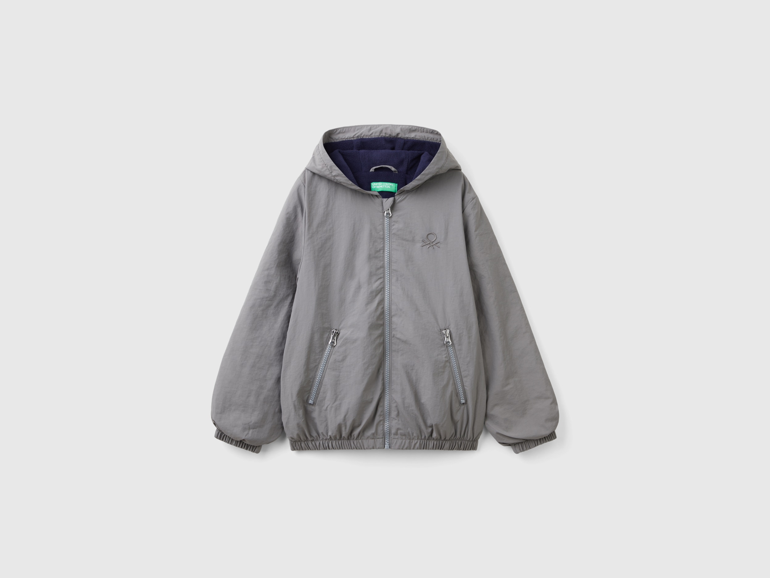 Benetton, Giubbino In Nylon Con Cappuccio, Grigio Scuro, Bambini
