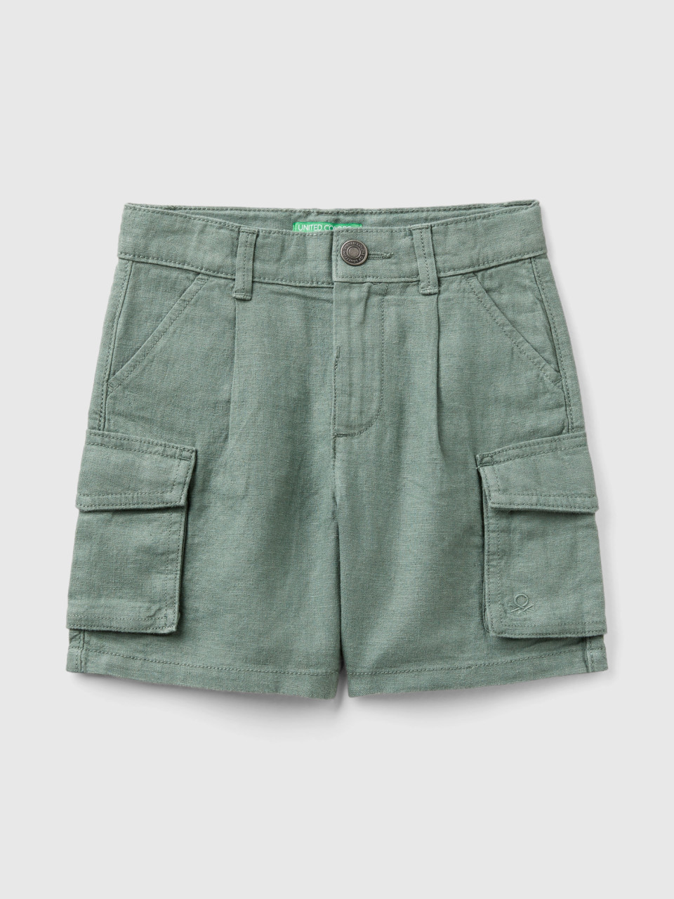 Benetton, Cargo Bermuda Shorts In Linen Blend, Military Green, Kids