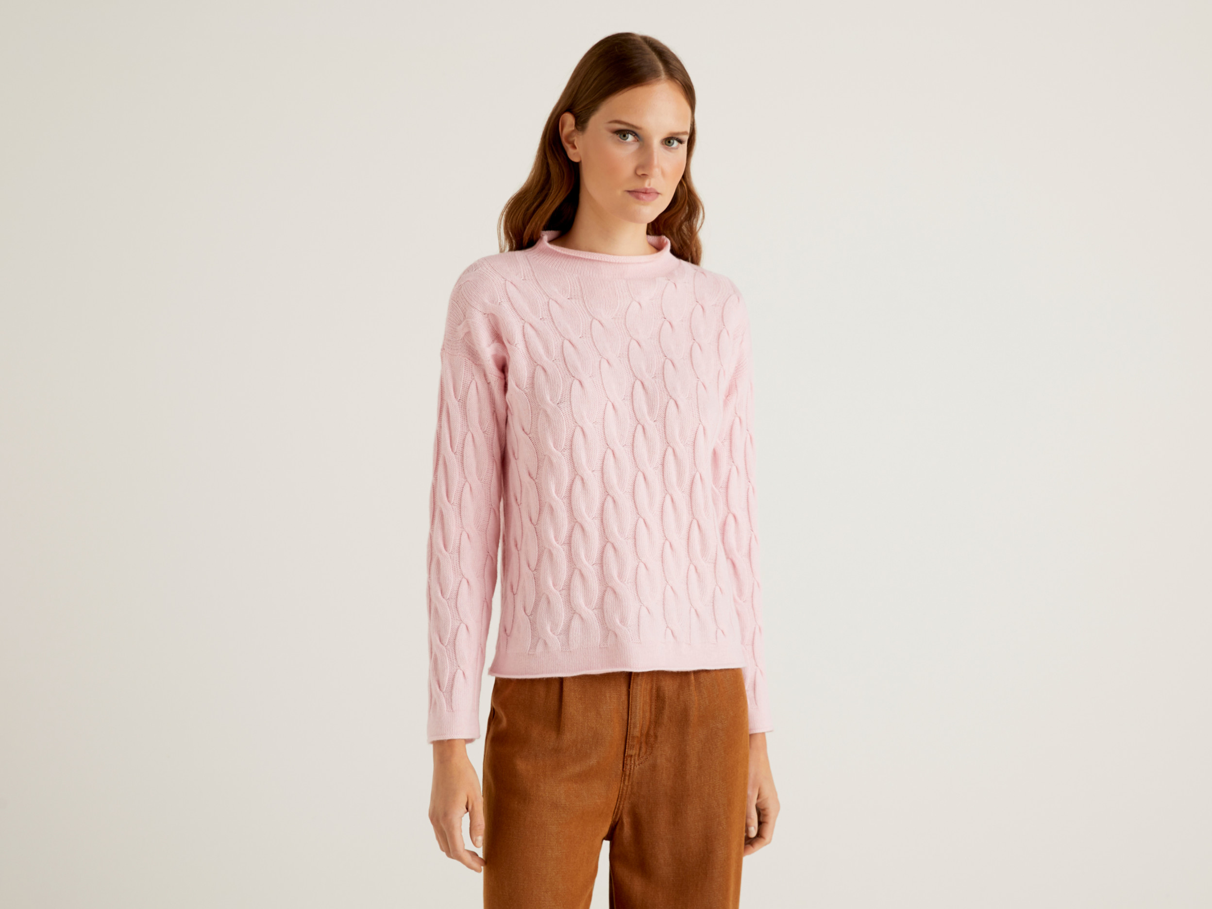 benetton, cable knit sweater, size l, pink, women