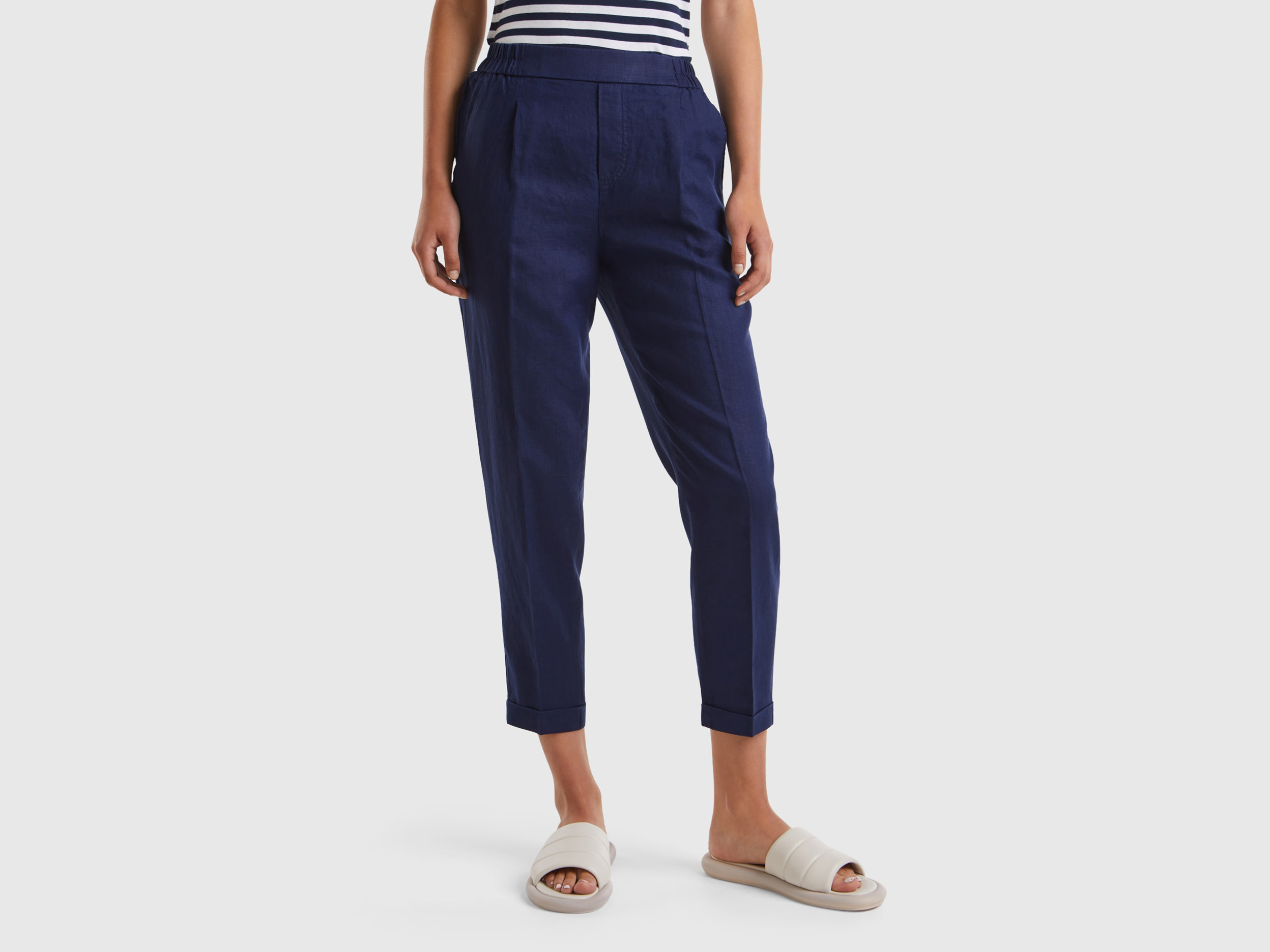 Benetton, Pantaloni Regular Fit In Puro Lino, Blu Scuro, Donna