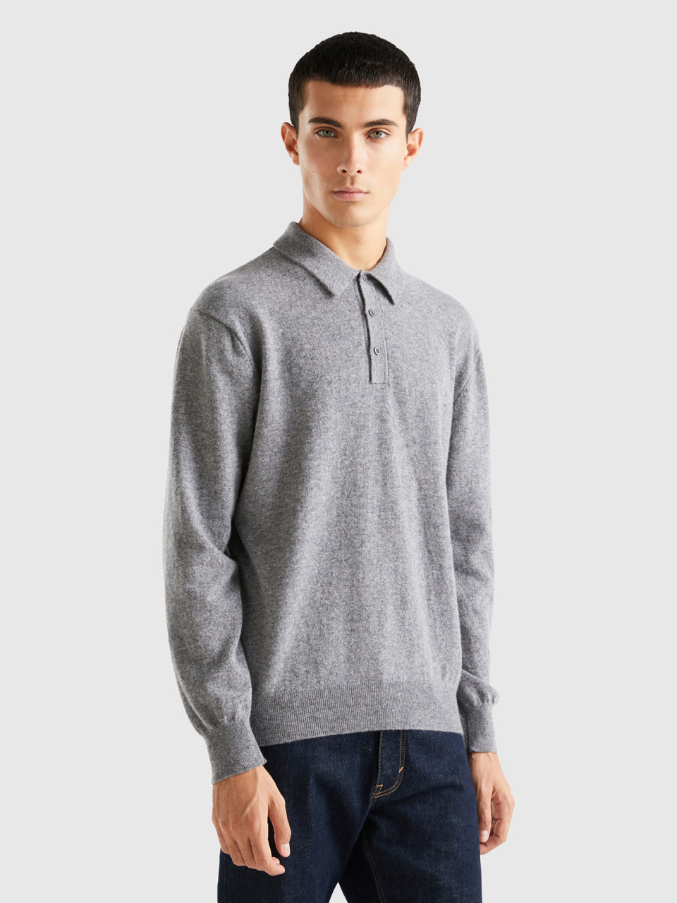 Benetton, Gray Polo Shirt In Pure Merino Wool, Gray, Men