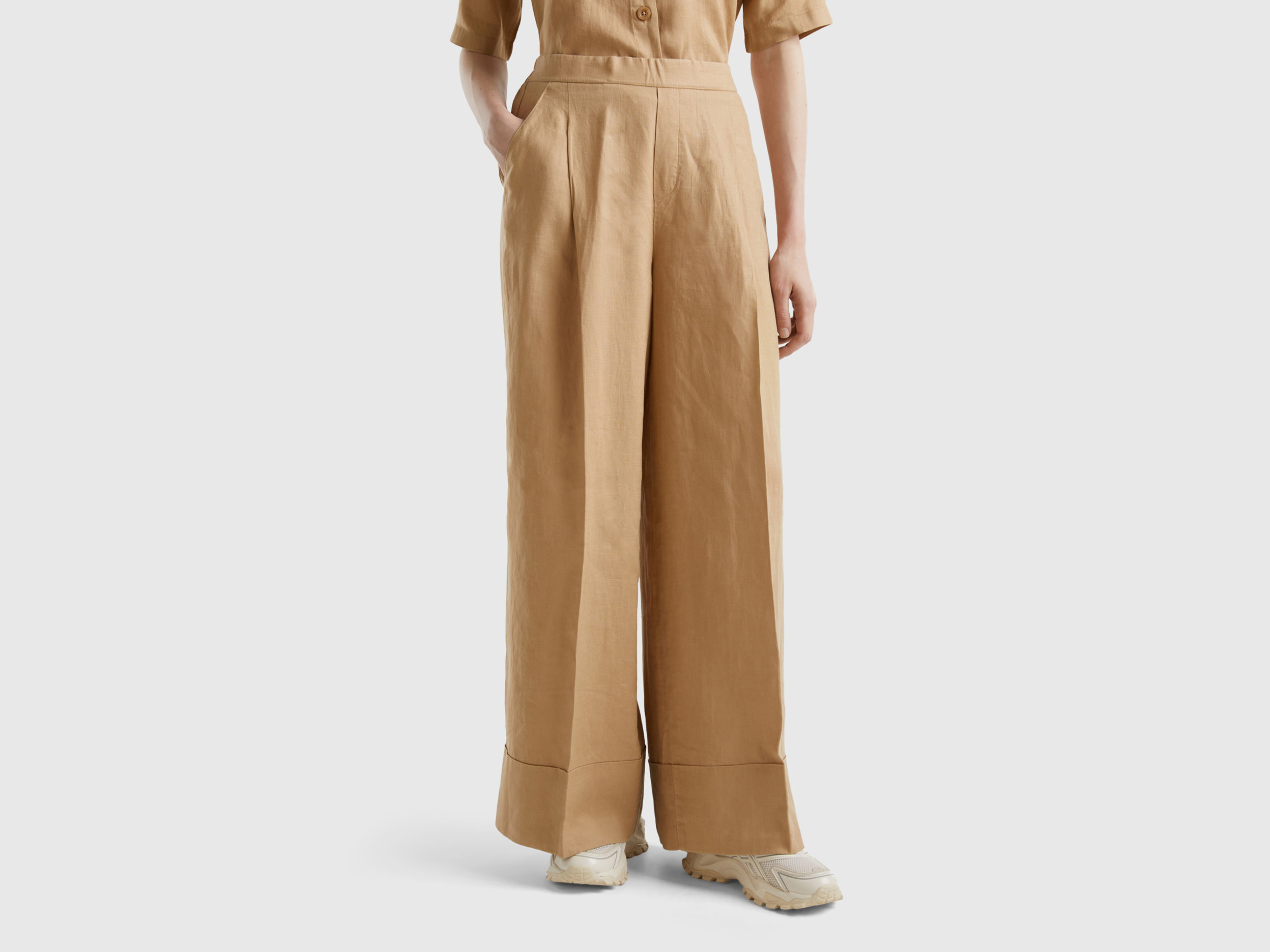 Benetton, Pantaloni Palazzo In 100% Lino, Cammello, Donna