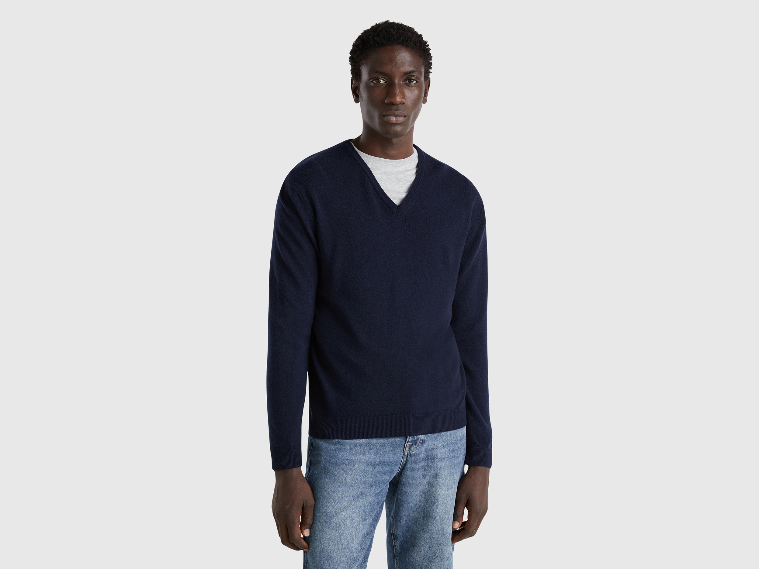 Dark blue V neck sweater in pure Merino wool Dark Blue Benetton
