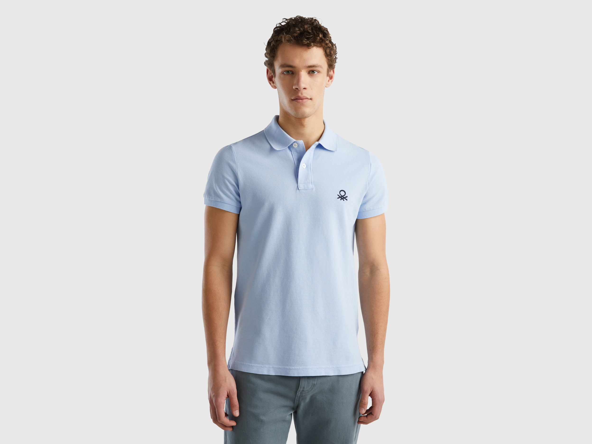 Image of Benetton, Slim Fit Light Blue Polo Shirt, size L, Sky Blue, Men