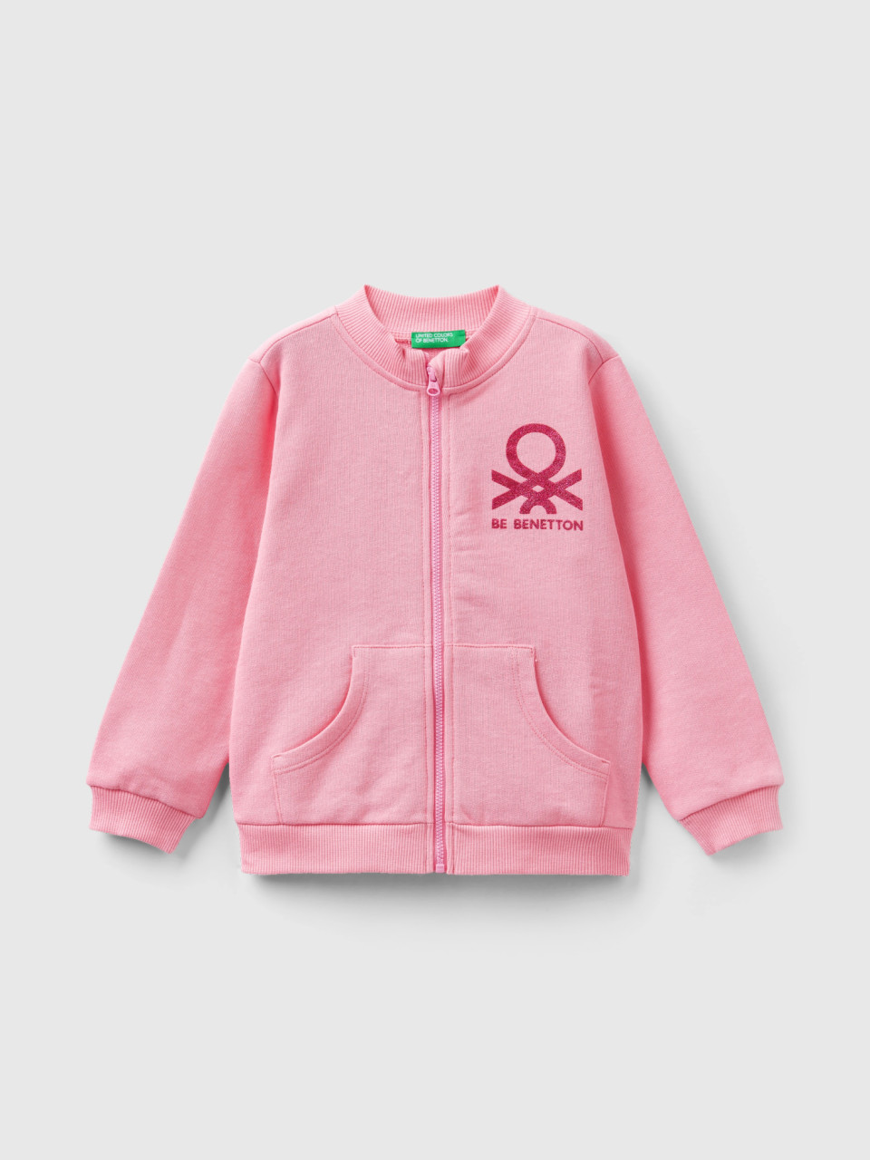 Benetton, Hoodie With Zip In Organic Cotton, Pink, Kids