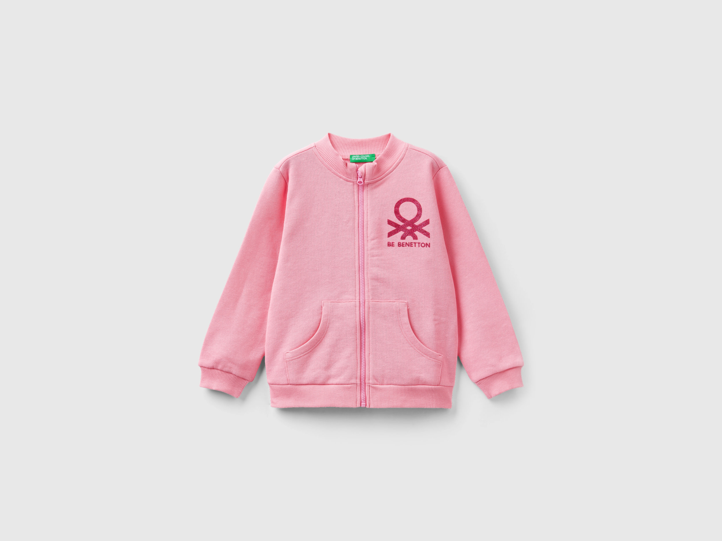 Image of Benetton, Hoodie With Zip In Organic Cotton, size 90, Pink, Kids