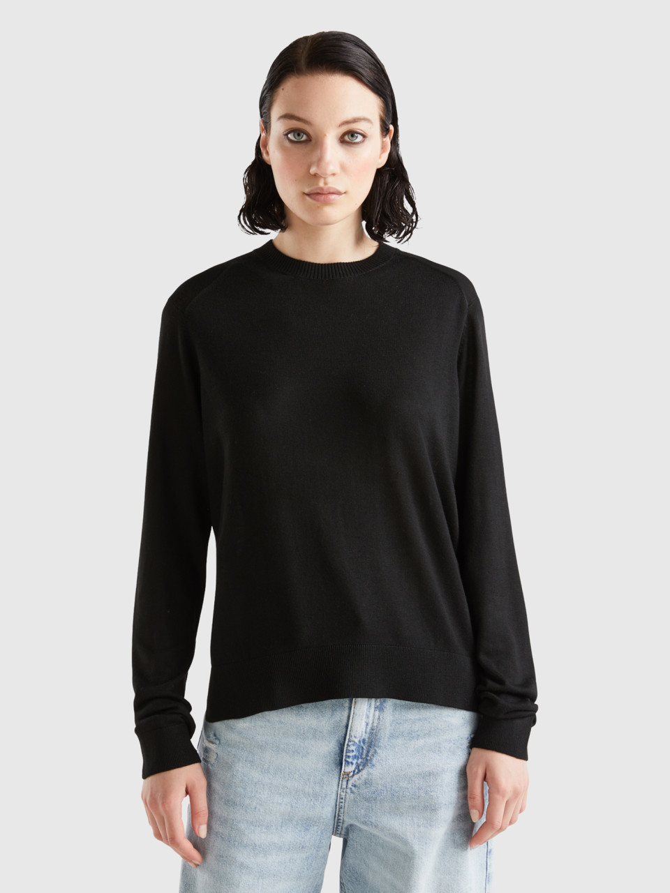 Benetton, Sweater In Viscose Blend With Slits, Black, Women