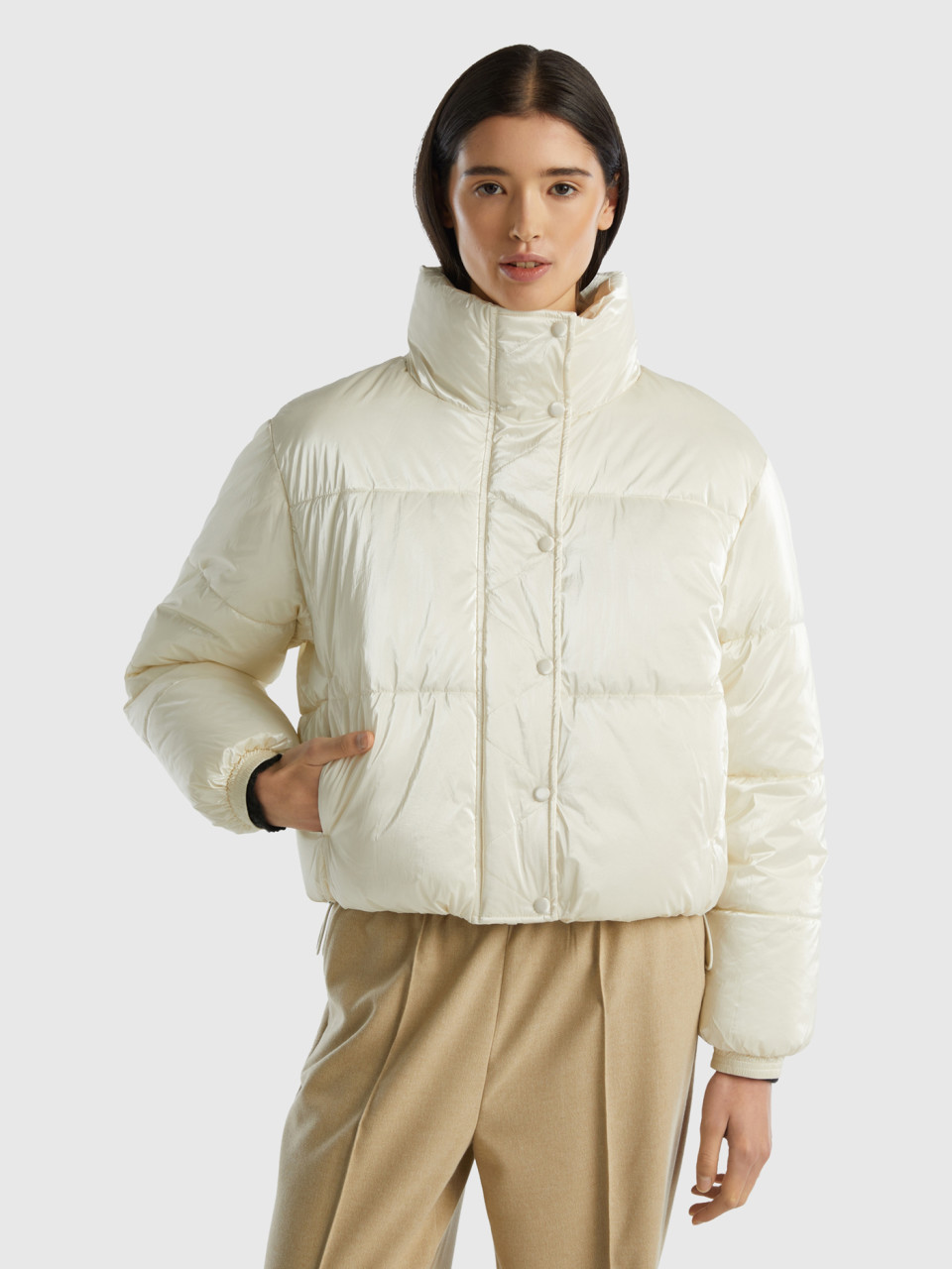 Benetton, Padded Jacket In Shiny Nylon, Creamy White, Women