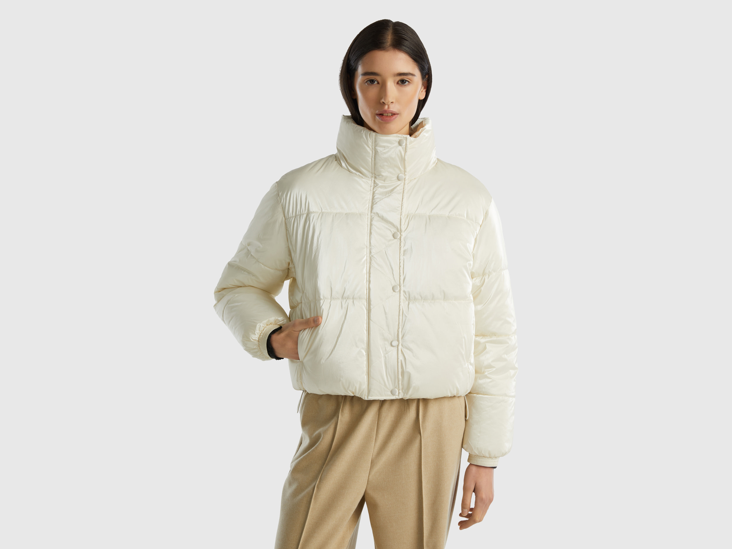 Benetton, Padded Jacket In Shiny Nylon, size XS, Creamy White, Women