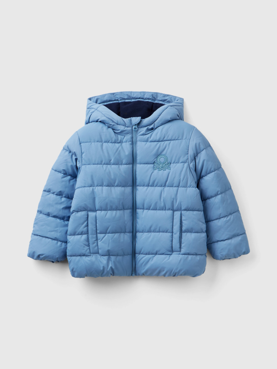 Benetton, Puffer Jacket With Hood And Logo, Light Blue, Kids