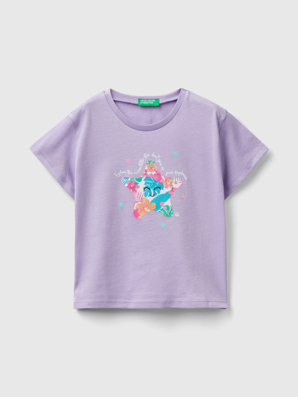 Benetton, T-shirt With Glitter Print, Lilac, Kids