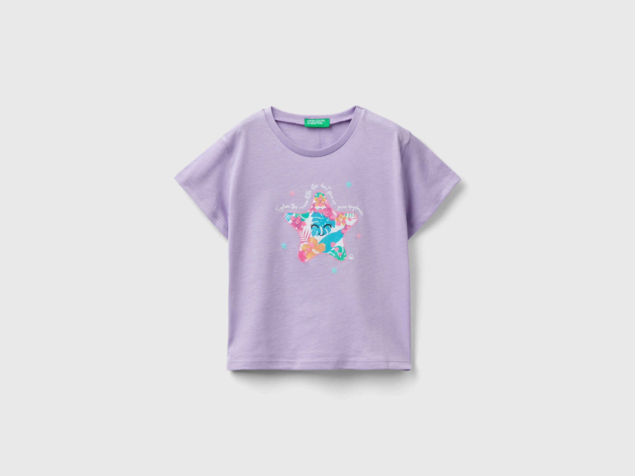Benetton, Maglietta Con Stampa Glitter, Lilla, Bambini