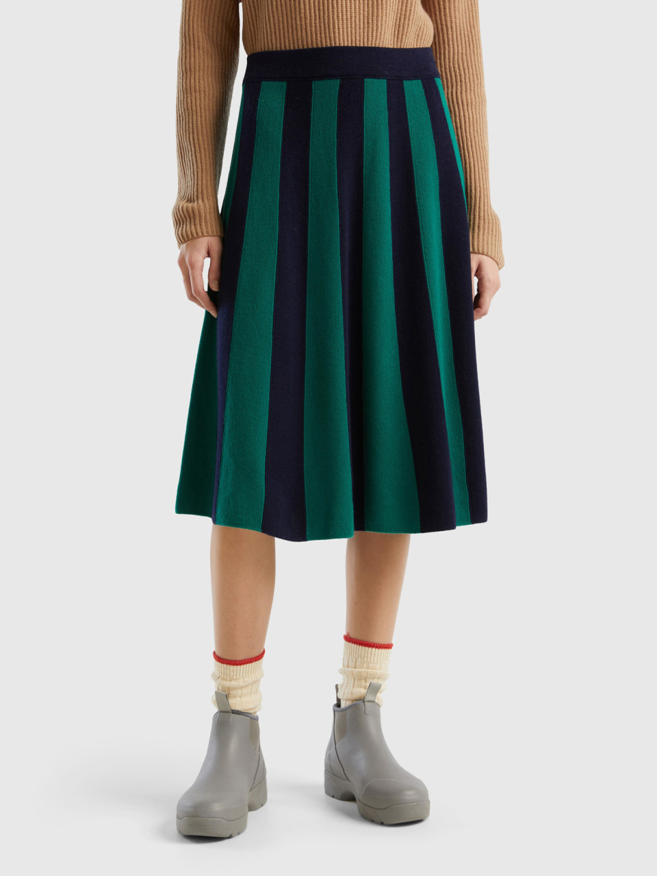 Benetton, Midi Skirt With Vertical Stripes, Green, Women