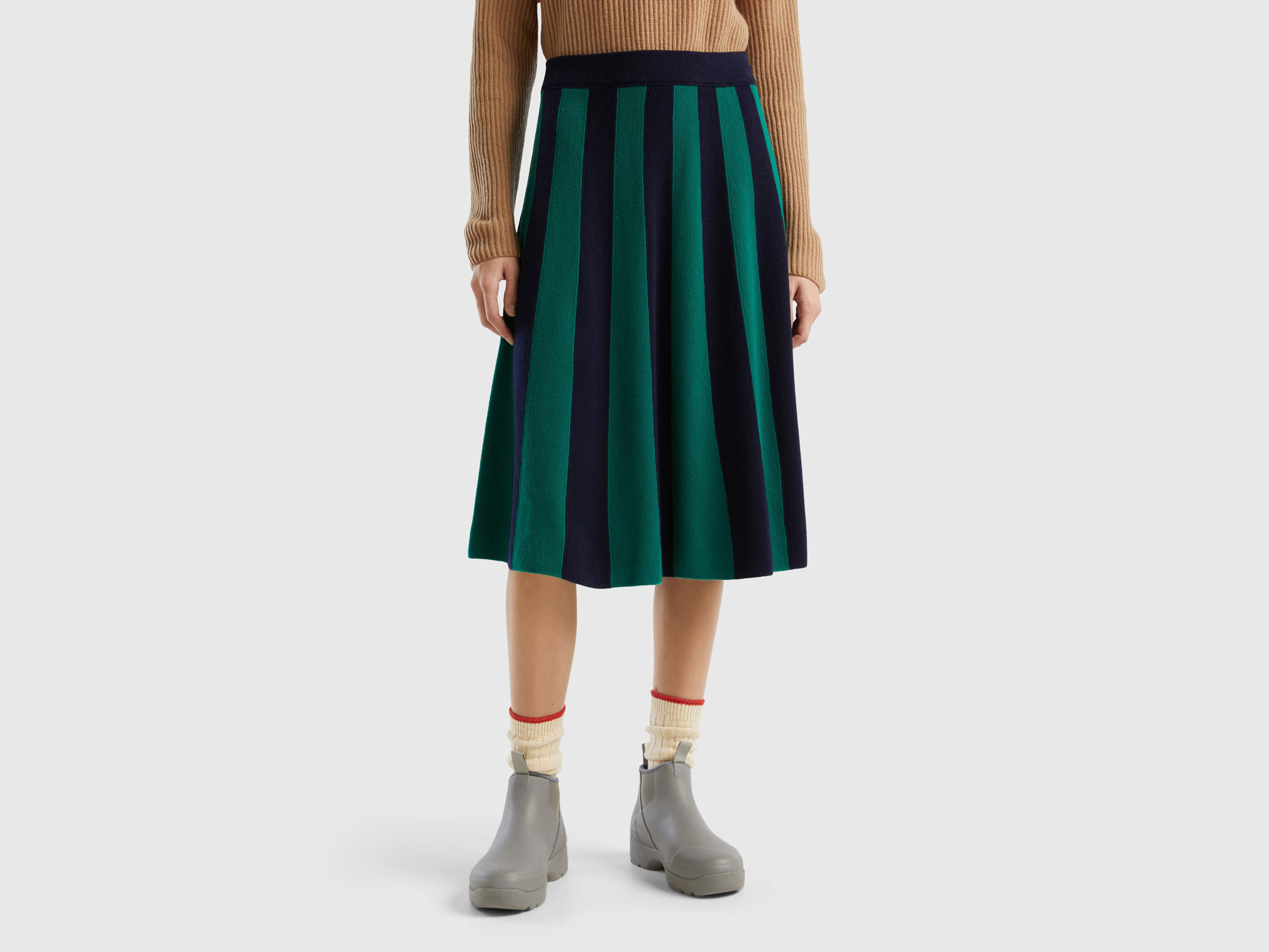 Benetton, Midi Skirt With Vertical Stripes, size L-XL, Green, Women