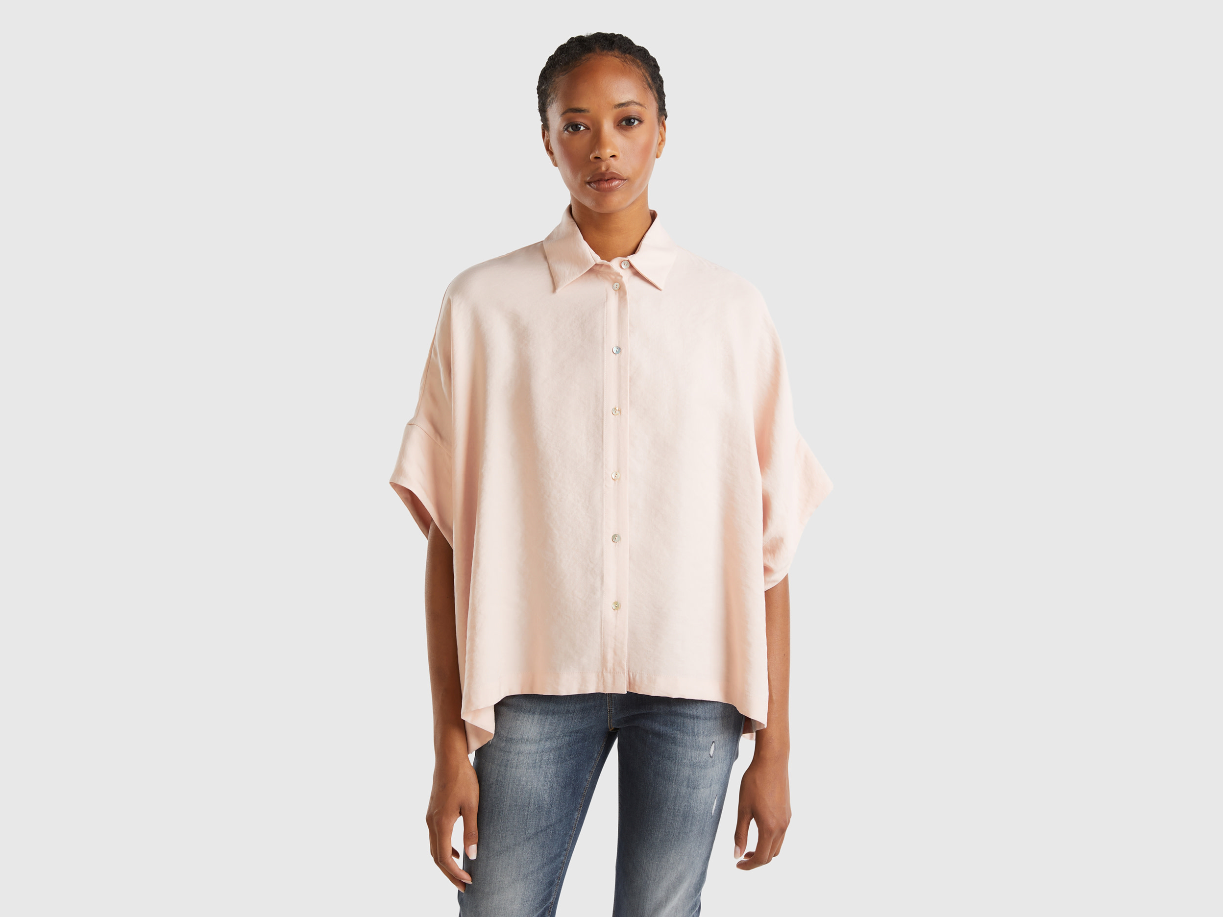 Benetton, Camicia Over Fit In Misto Modal®, Rosa Tenue, Donna