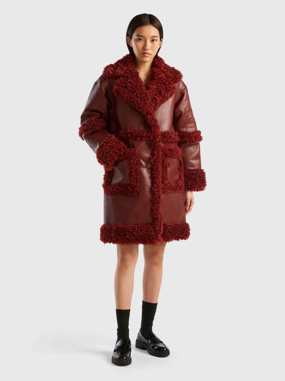 Benetton, Coat In Imitation Leather With Faux Fur, Burgundy, Women