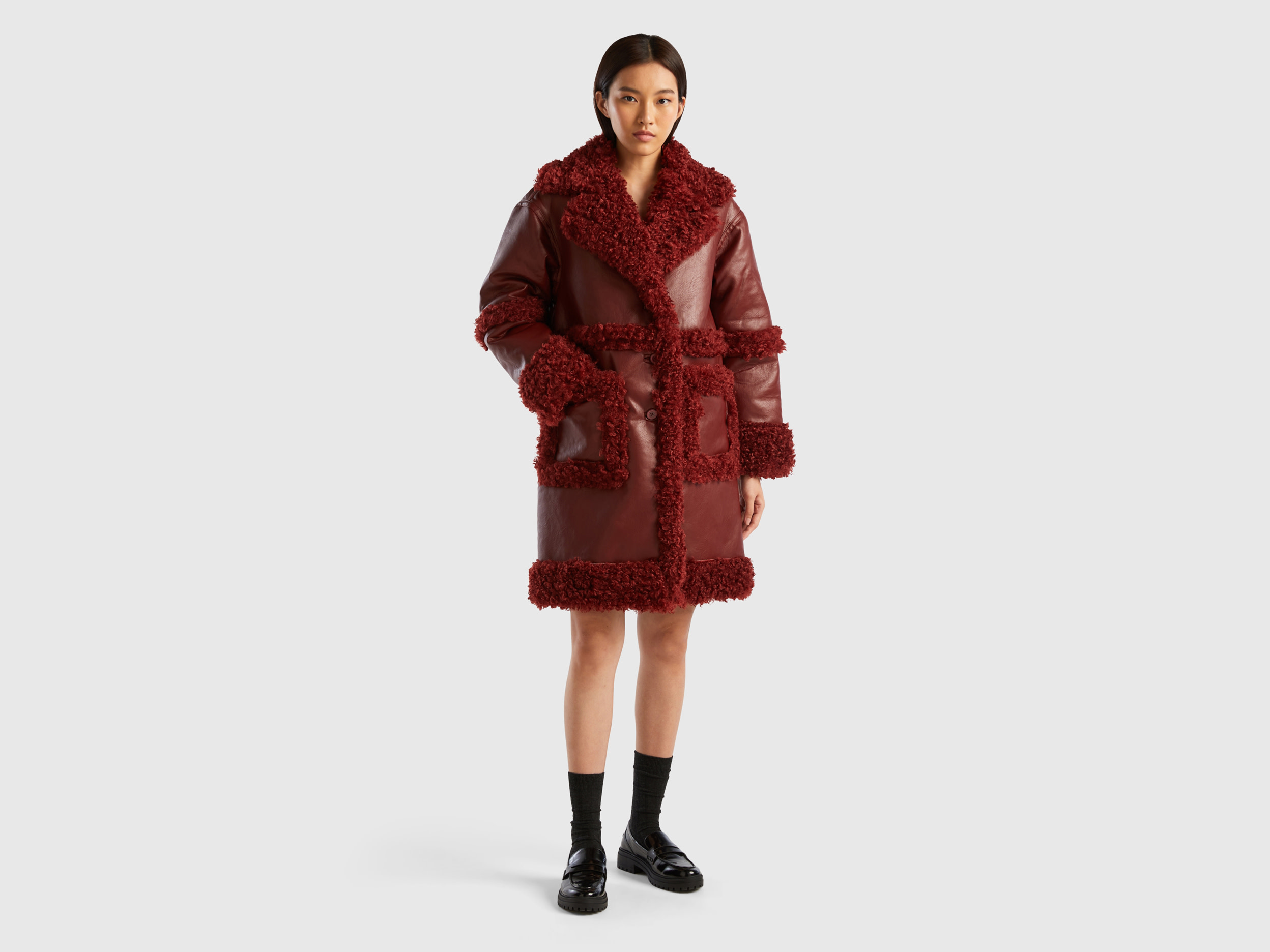 Benetton, Coat In Imitation Leather With Faux Fur, size S, Burgundy, Women