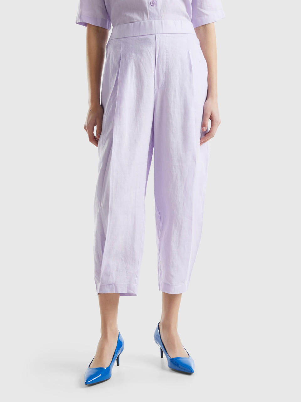 Benetton, Trousers In Pure Linen, Lilac, Women