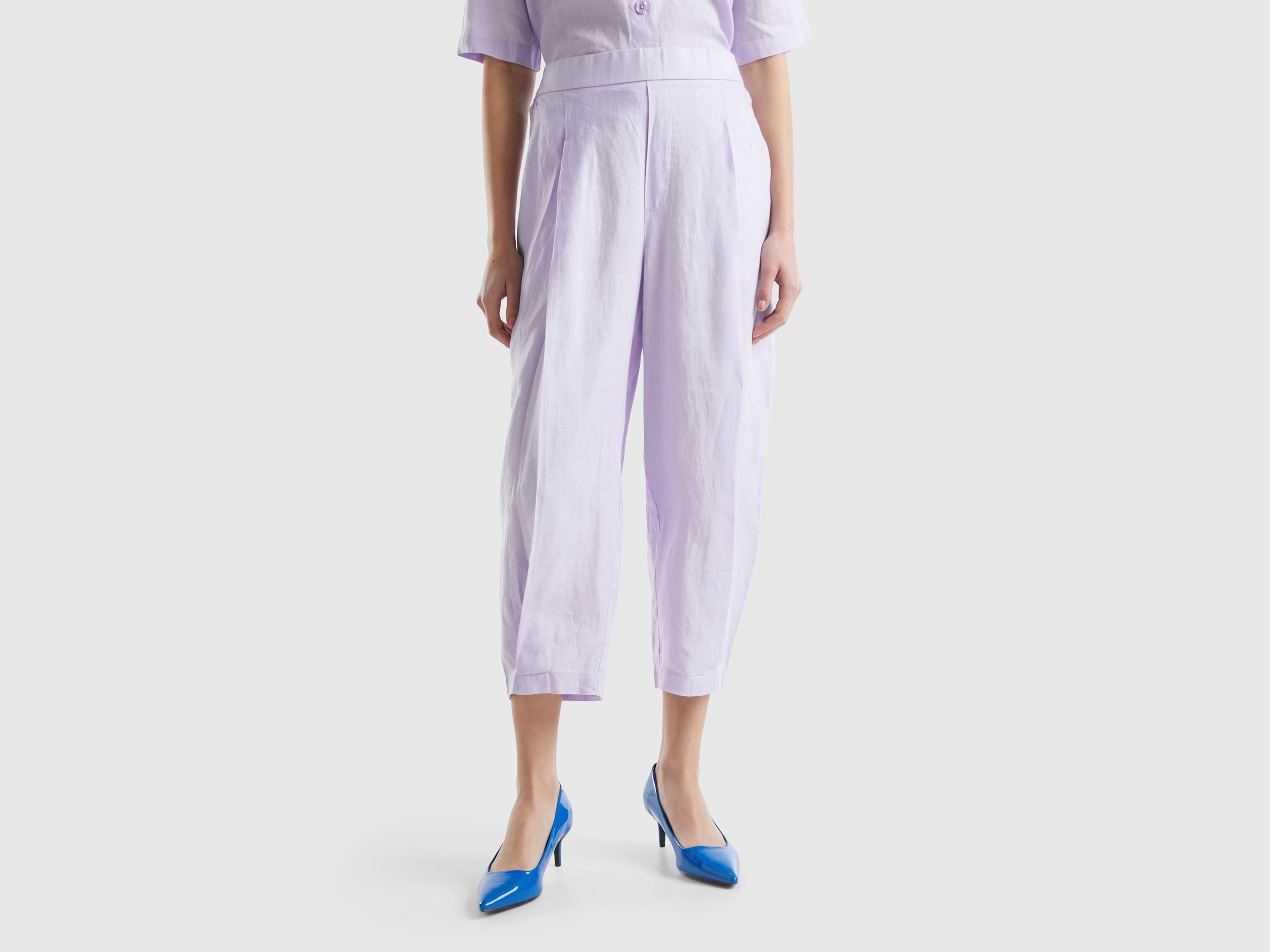 Benetton, Pantaloni Morbidi In Puro Lino, Lilla, Donna