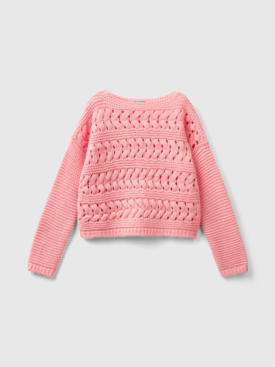 Benetton, Cable Knit Sweater In Wool Blend, Pink, Kids