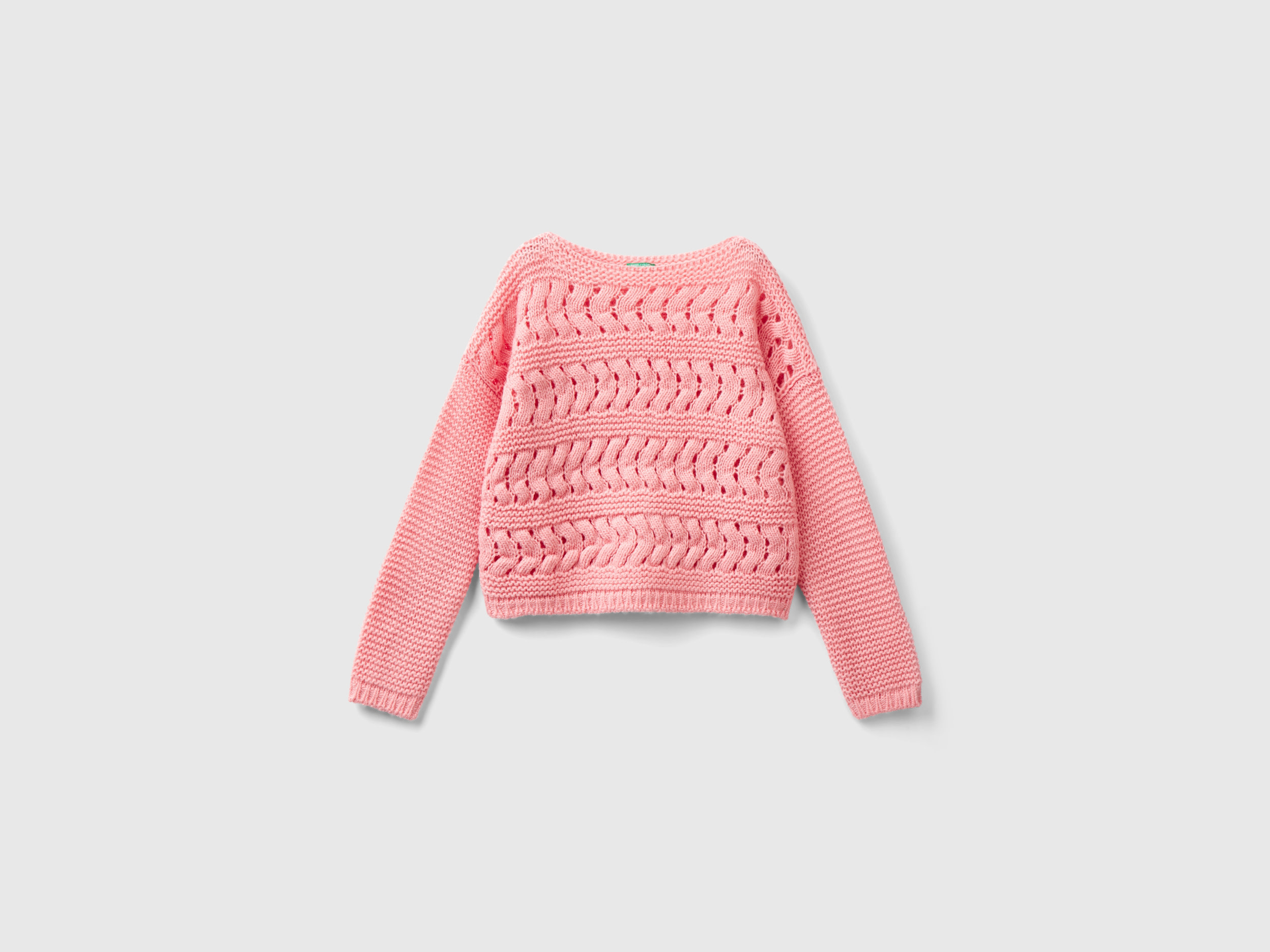 Benetton, Cable Knit Sweater In Wool Blend, size L, Pink, Kids