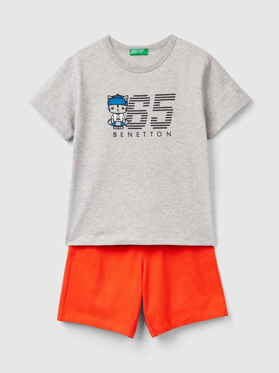 Benetton, Ensemble T-shirt Et Bermuda 100 % Coton, Gris Clair, Enfants