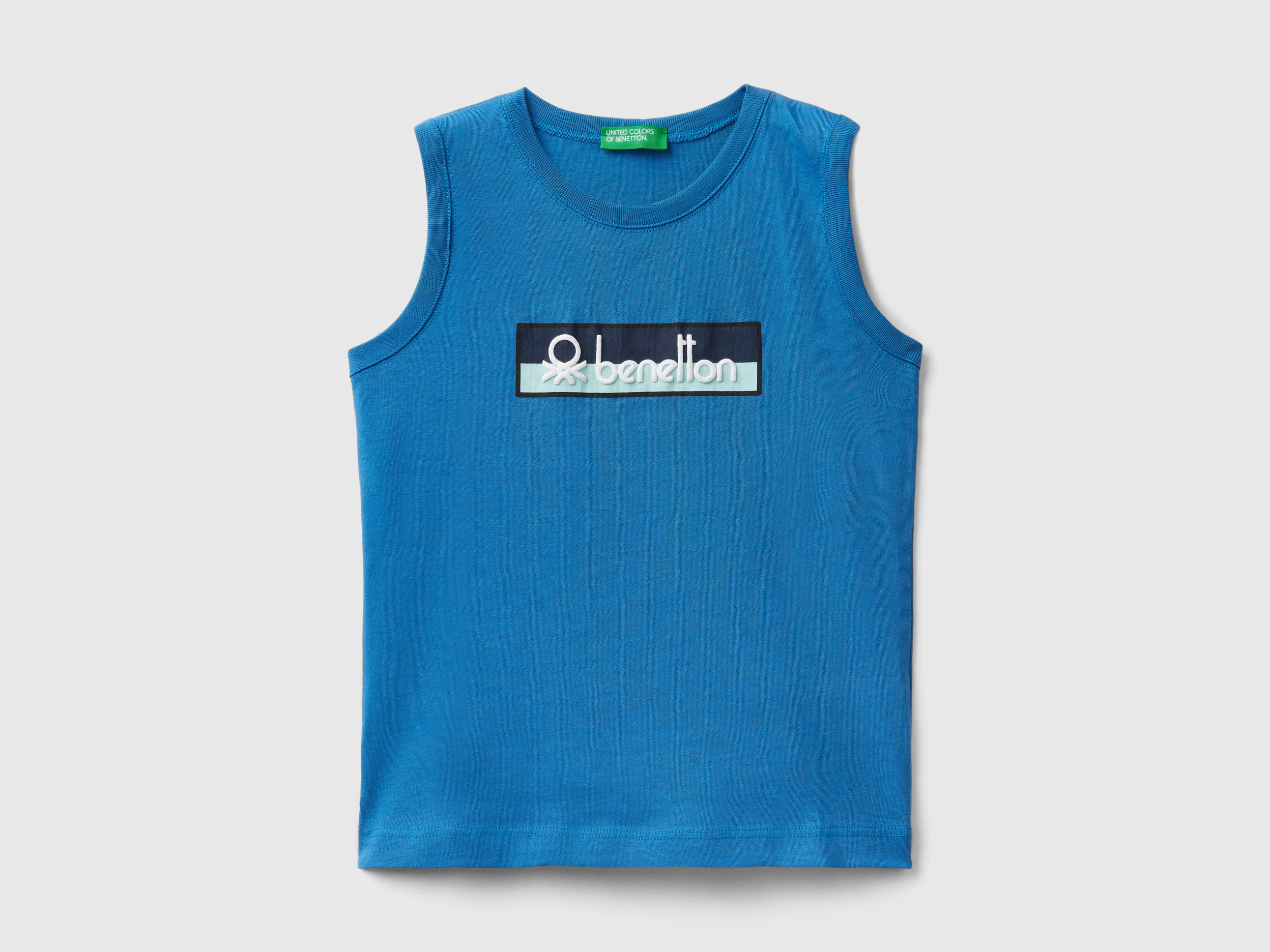 Image of Benetton, Tank Top In 100% Organic Cotton With Logo, size 98, Blue, Kids