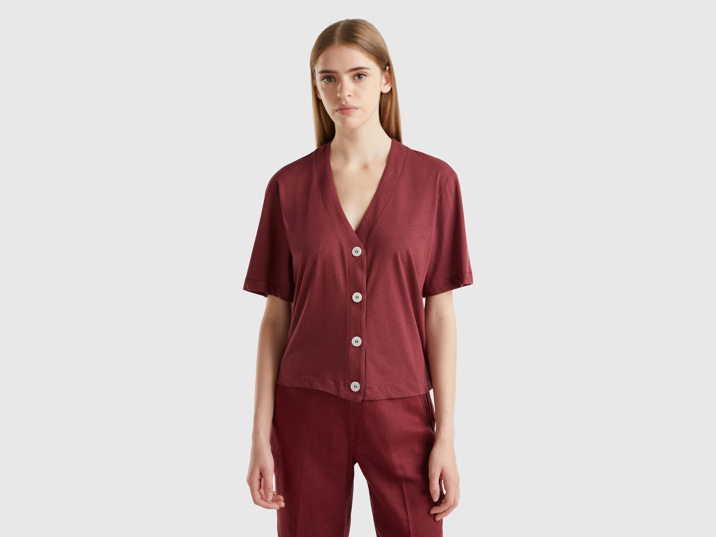 Benetton, T-shirt Stile Cardigan In Misto Lino, Bordeaux, Donna