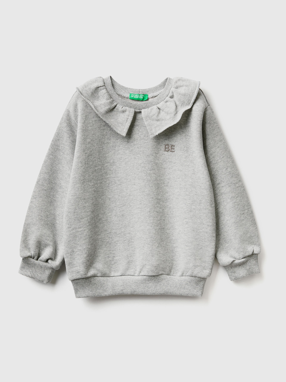 Benetton, Sweatshirt With Collar And be Embroidery, Light Gray, Kids