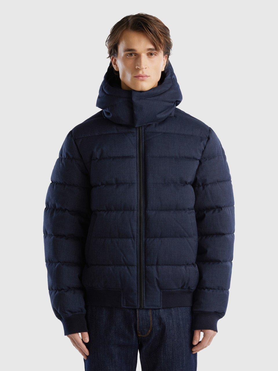 Benetton, Short Padded Jacket With Detachable Hood, Dark Blue, Men