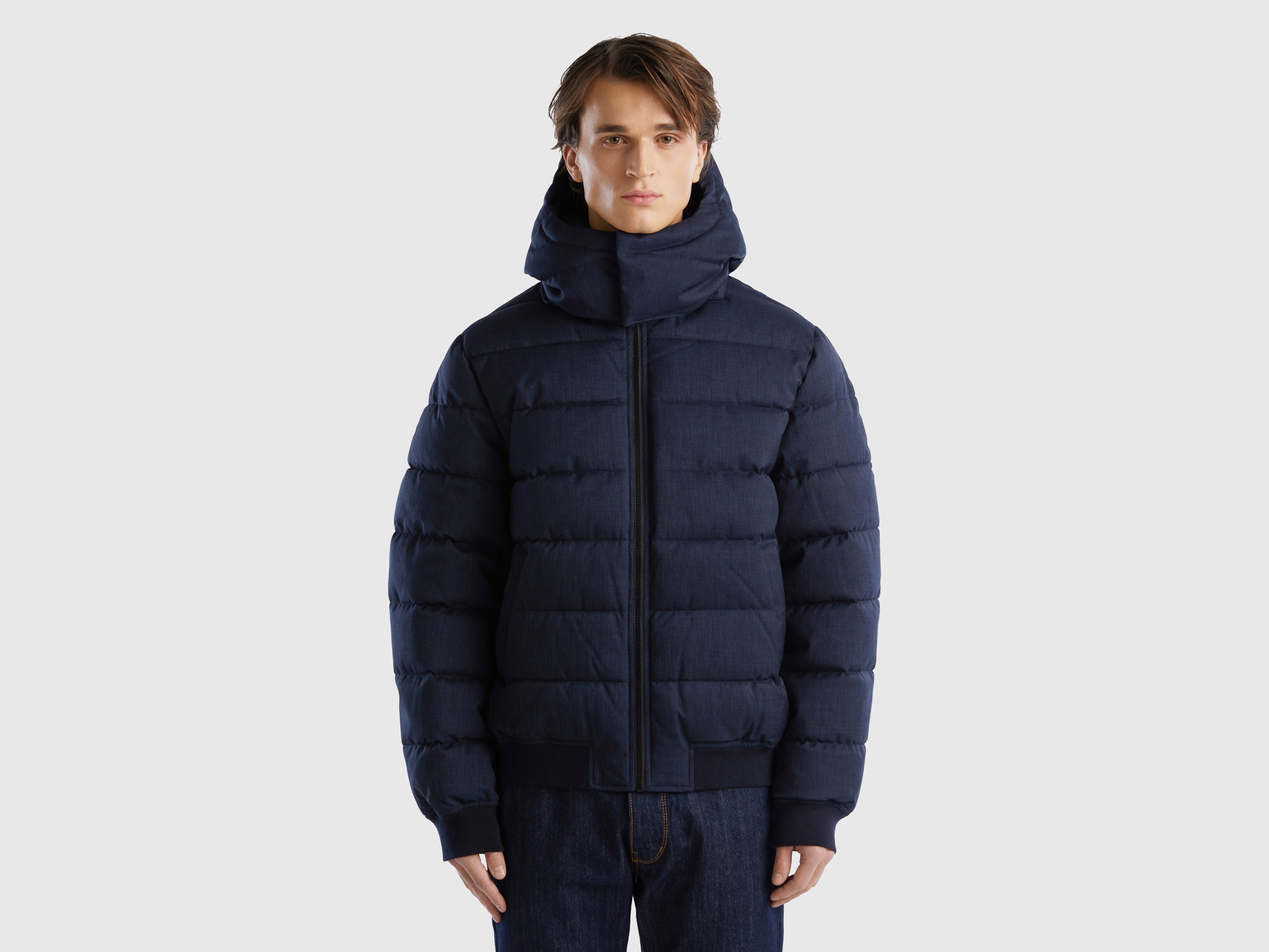 Benetton, Short Padded Jacket With Detachable Hood, size M, Dark Blue, Men