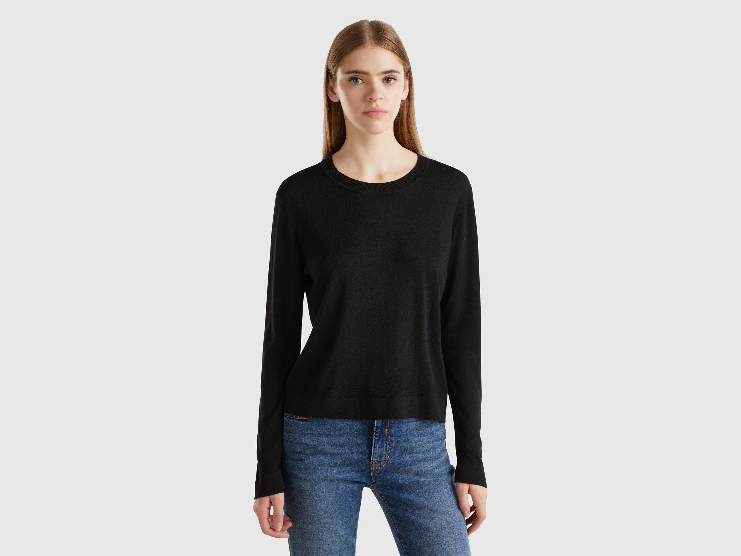 Benetton, Maglia Manica Lunga In Misto Seta, Nero, Donna