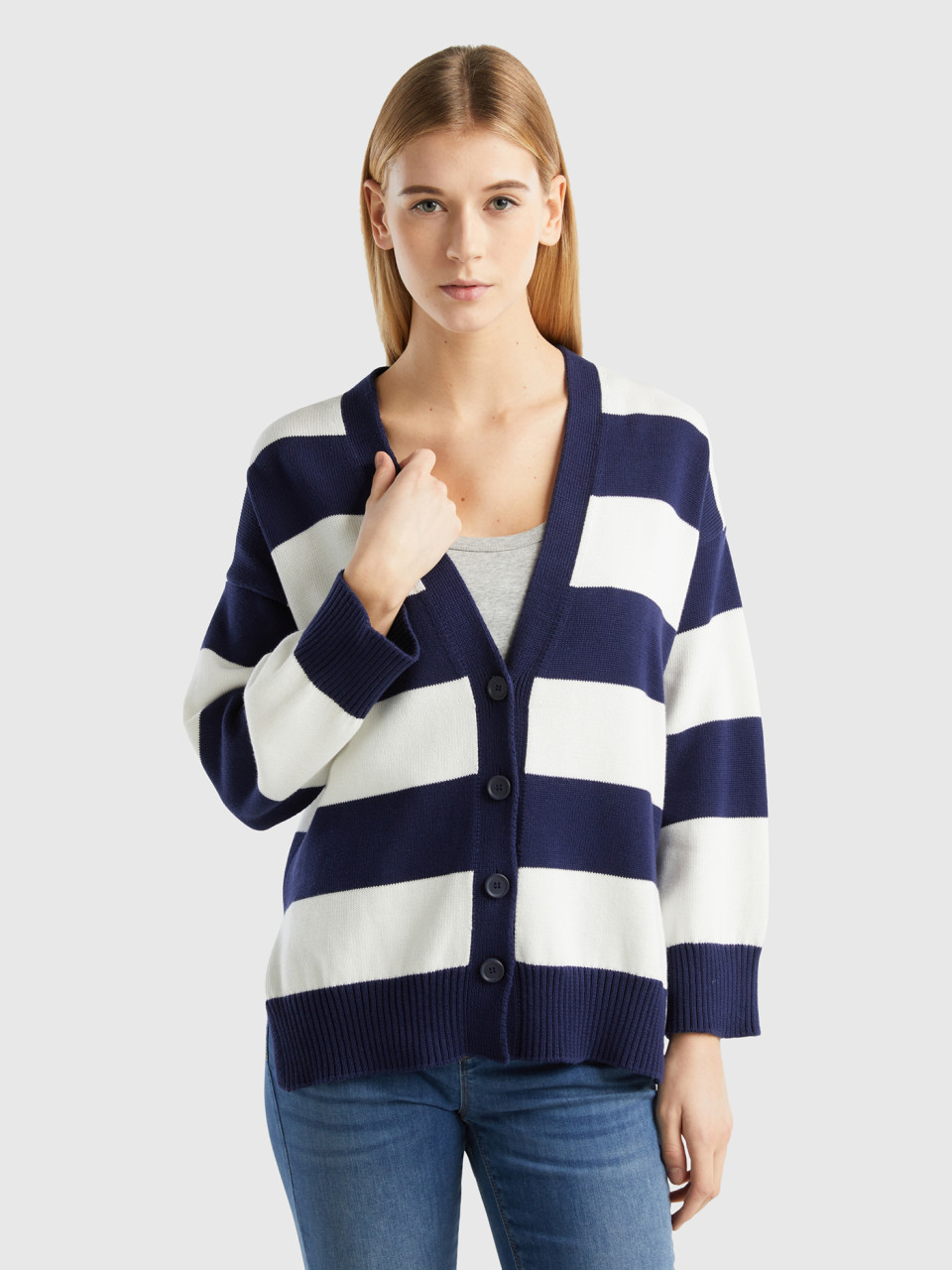 Benetton, Striped Cardigan In Tricot Cotton, Dark Blue, Women
