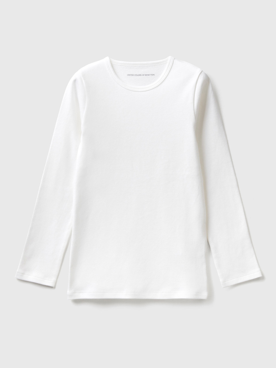 Benetton, T-shirt Manches Longues En Coton Chaud, Blanc, Enfants