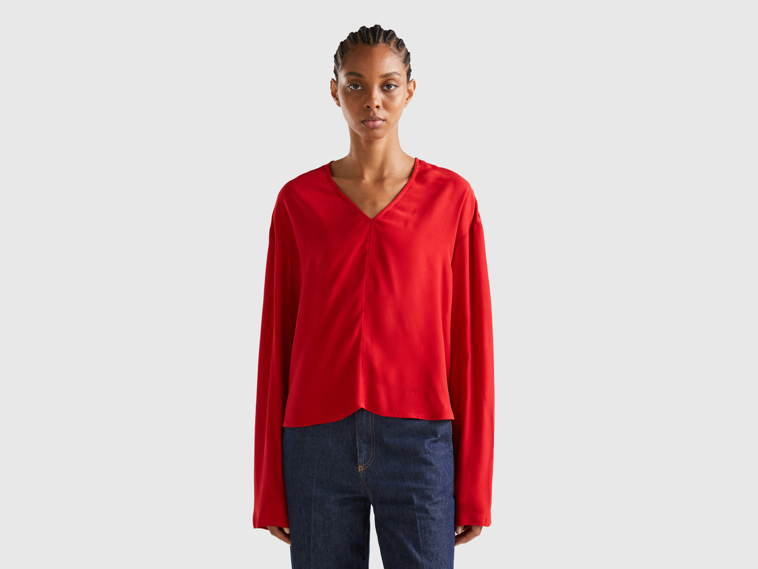 Benetton, Blouse With V-neck, size XS, Red, Women