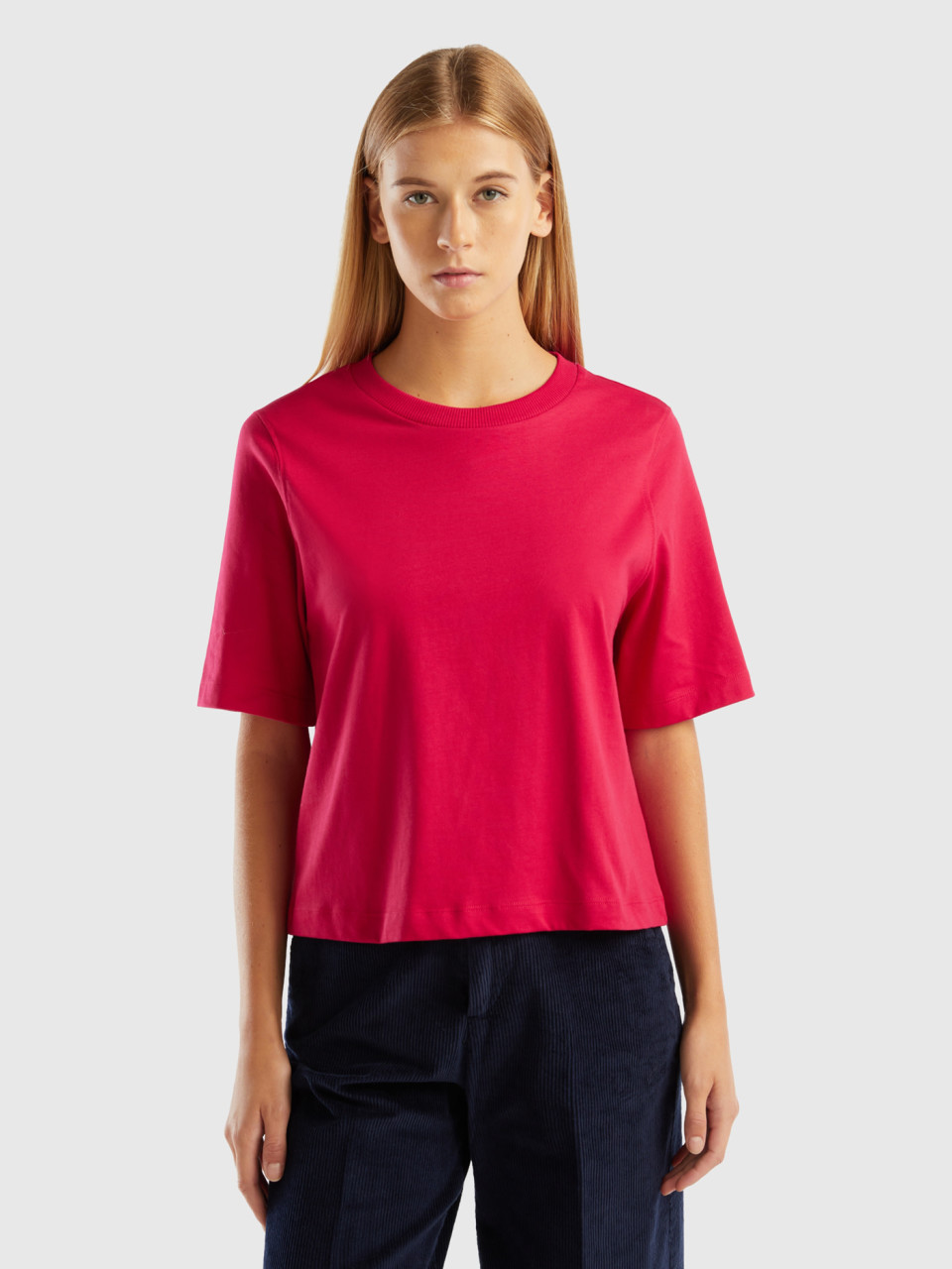 Benetton, 100% Cotton Boxy Fit T-shirt, Cyclamen, Women