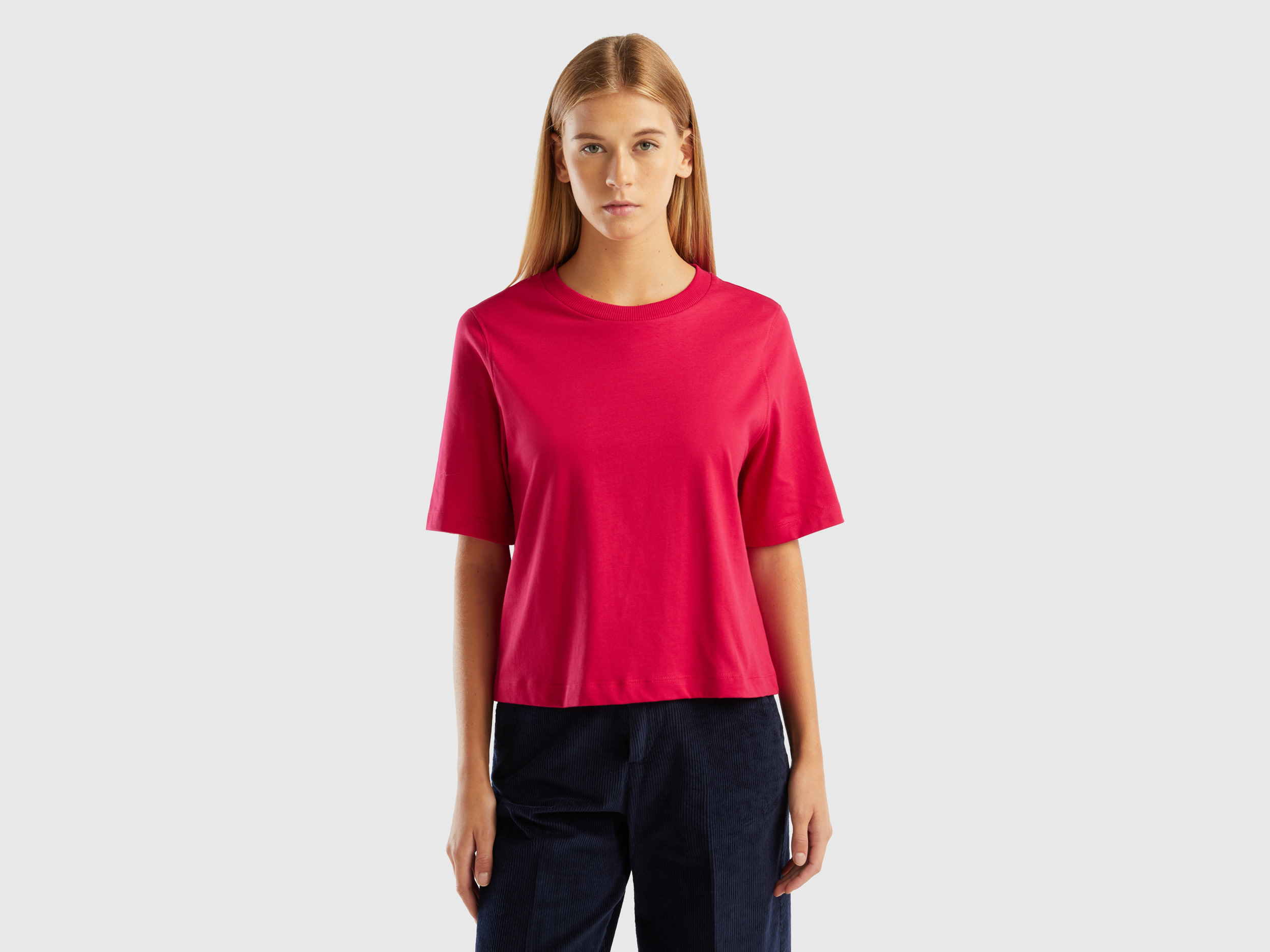 Benetton, 100% Cotton Boxy Fit T-shirt, size XXS, Cyclamen, Women