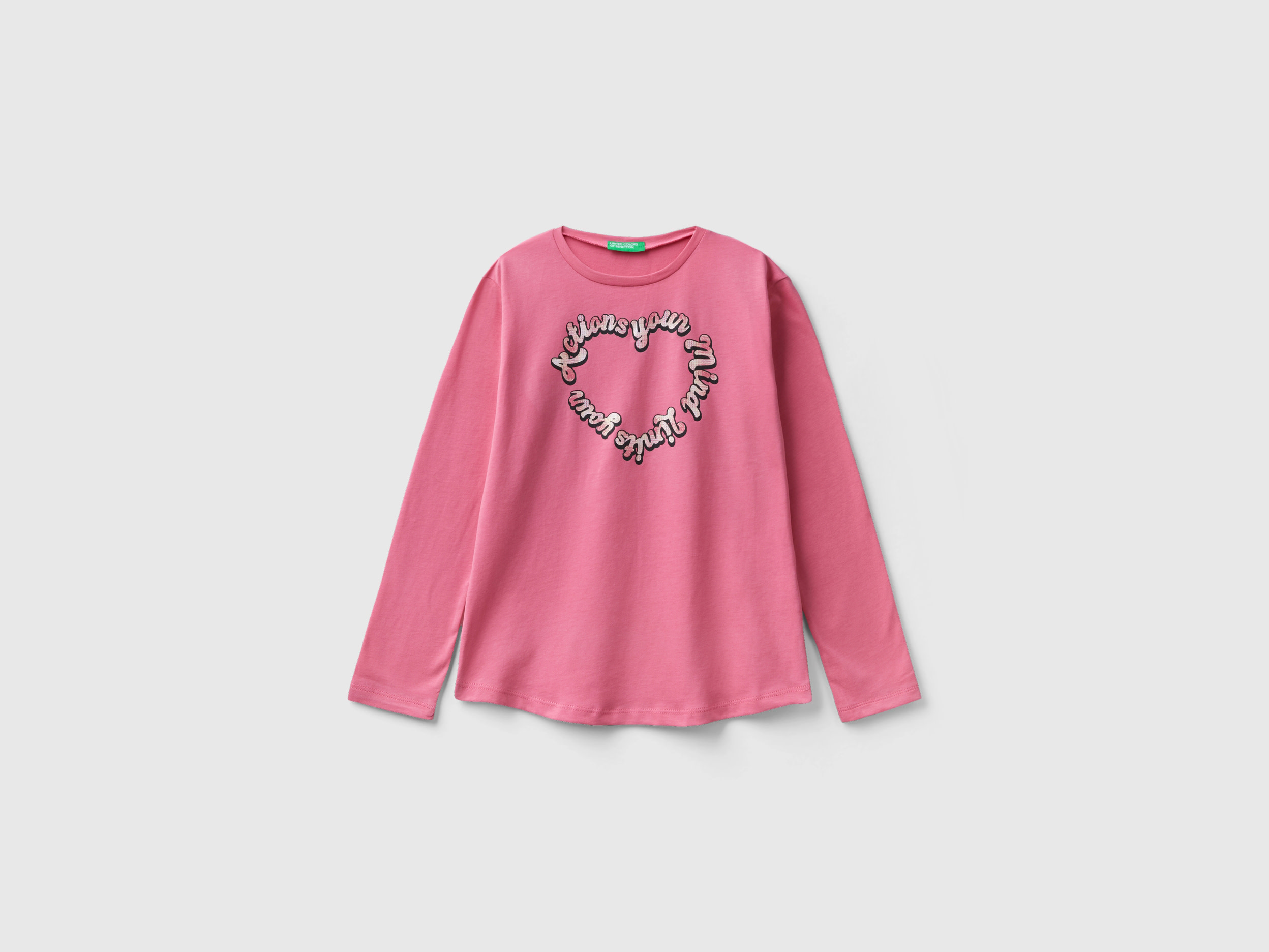Benetton, Warm Cotton T-shirt With Glittery Print, size S, Pink, Kids