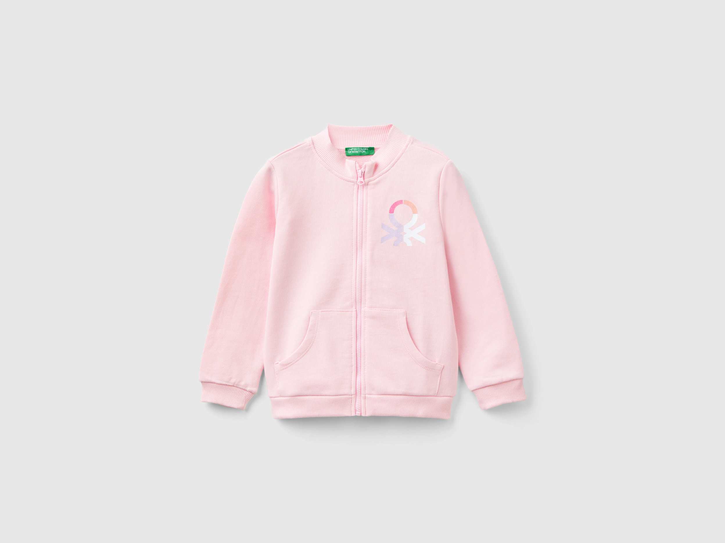 Benetton, Felpa Con Zip In Cotone Bio, Rosa, Bambini