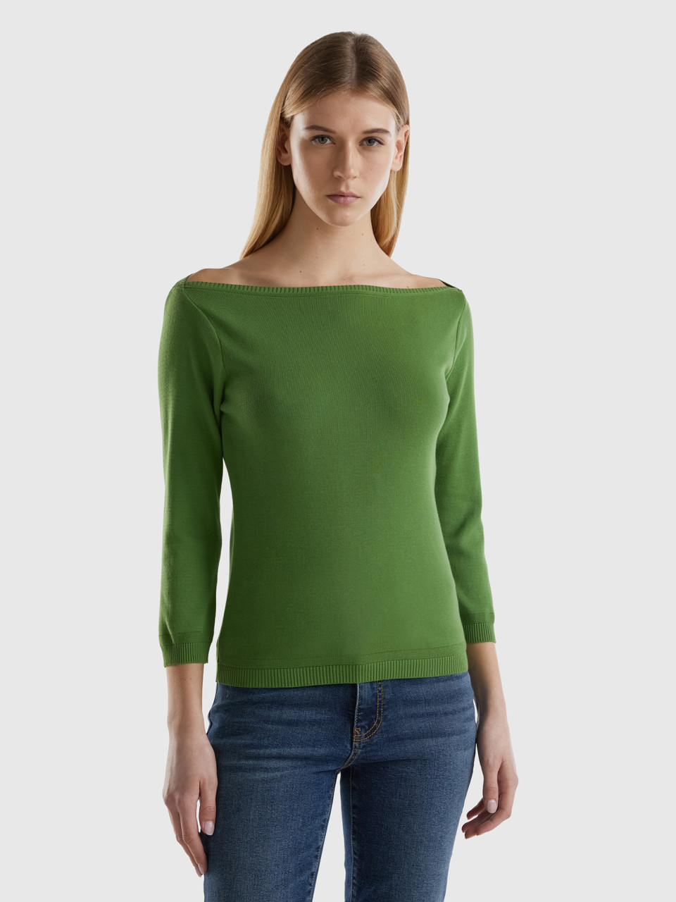 Benetton, 100% Cotton Boat Neck Sweater, Military Green, Women