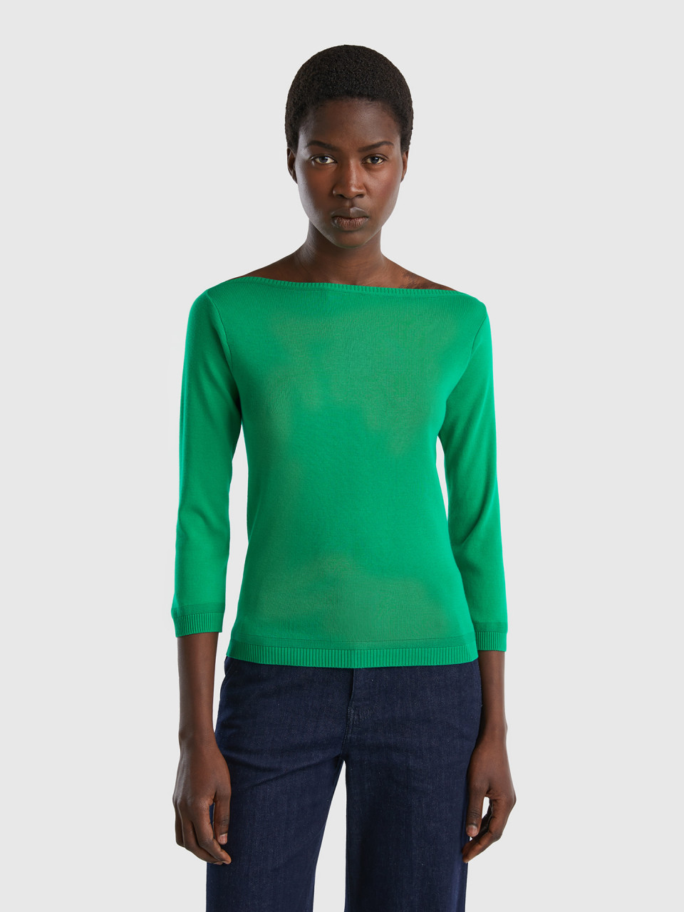 Benetton Online exclusive, Jersey De 100 % Algodón Con Escote Barco, Verde, Mujer