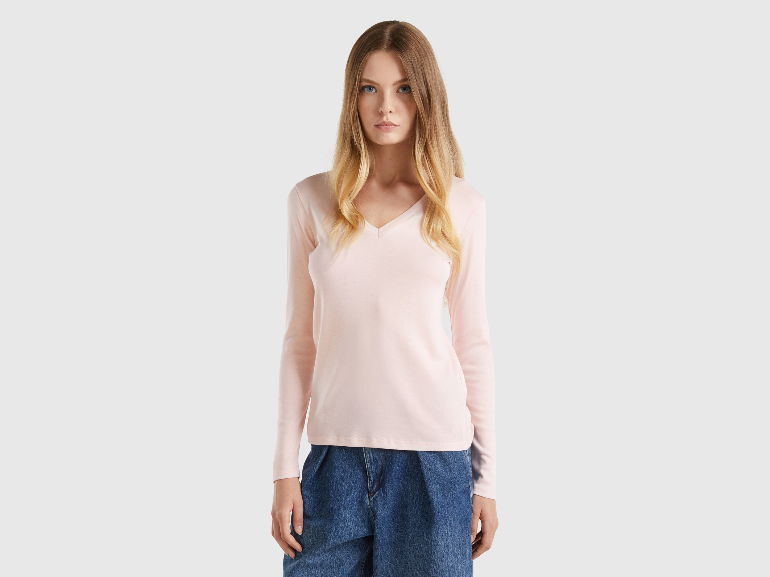 Benetton, T-shirt A Manica Lunga Con Scollo A V, Rosa Pastello, Donna