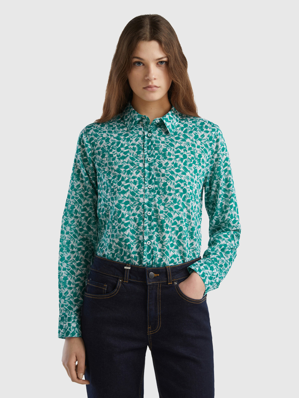 Benetton, 100% Cotton Patterned Shirt, Teal, Women