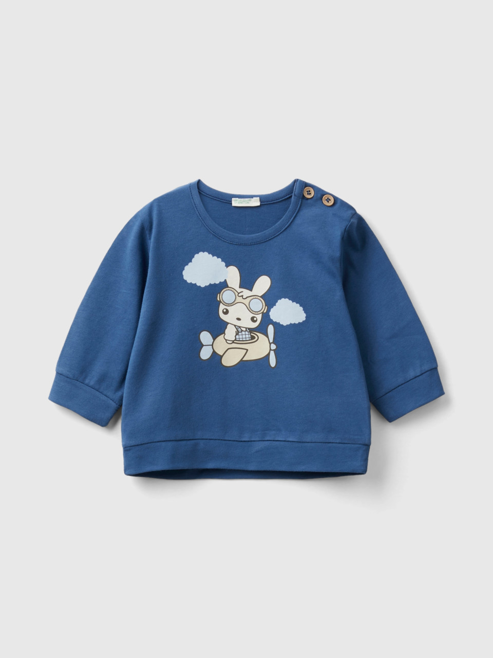 Benetton, Warm T-shirt With Bunny Print, Air Force Blue, Kids