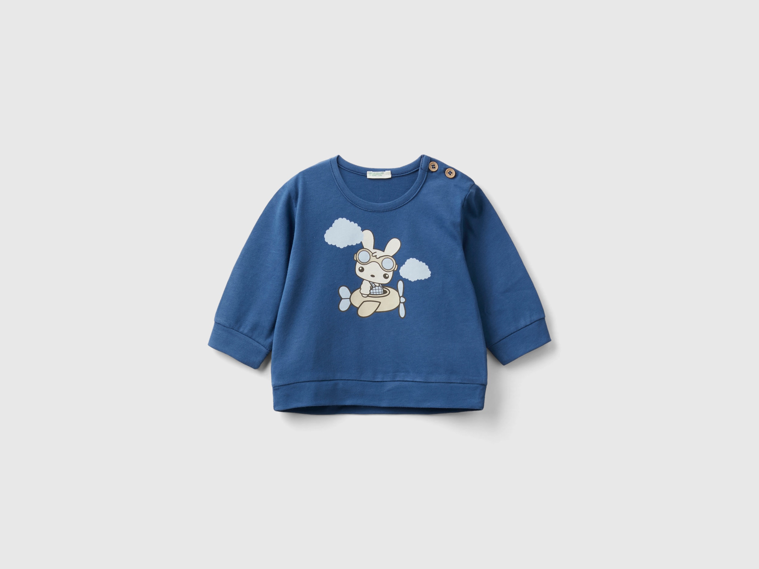 Benetton, Warm T-shirt With Bunny Print, size 12-18, Air Force Blue, Kids