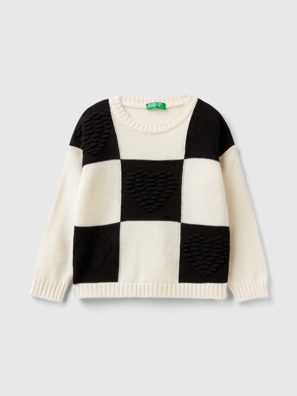 Benetton, Checkered Sweater With Hearts, Creamy White, Kids