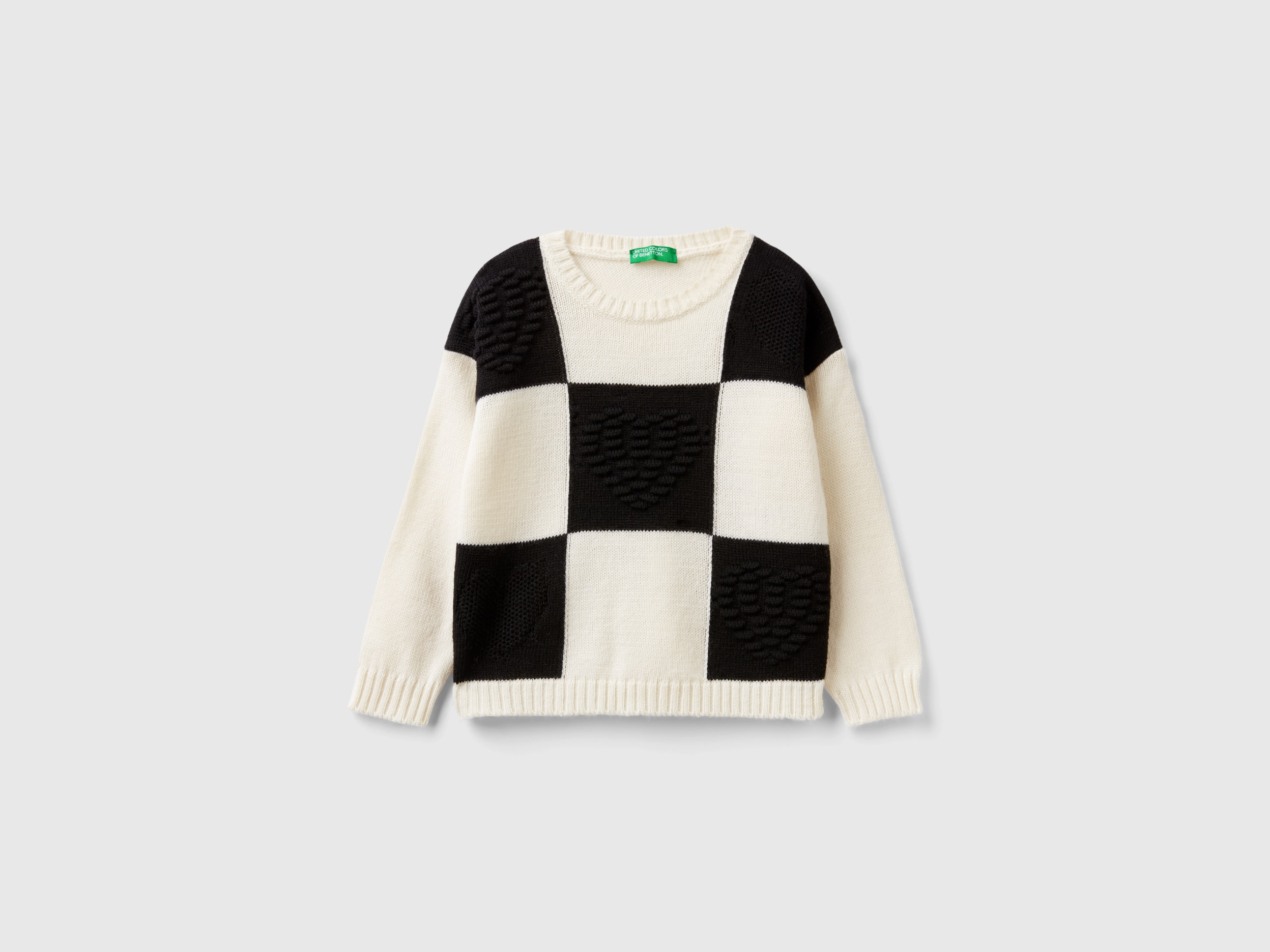 Benetton, Checkered Sweater With Hearts, size 12-18, Creamy White, Kids