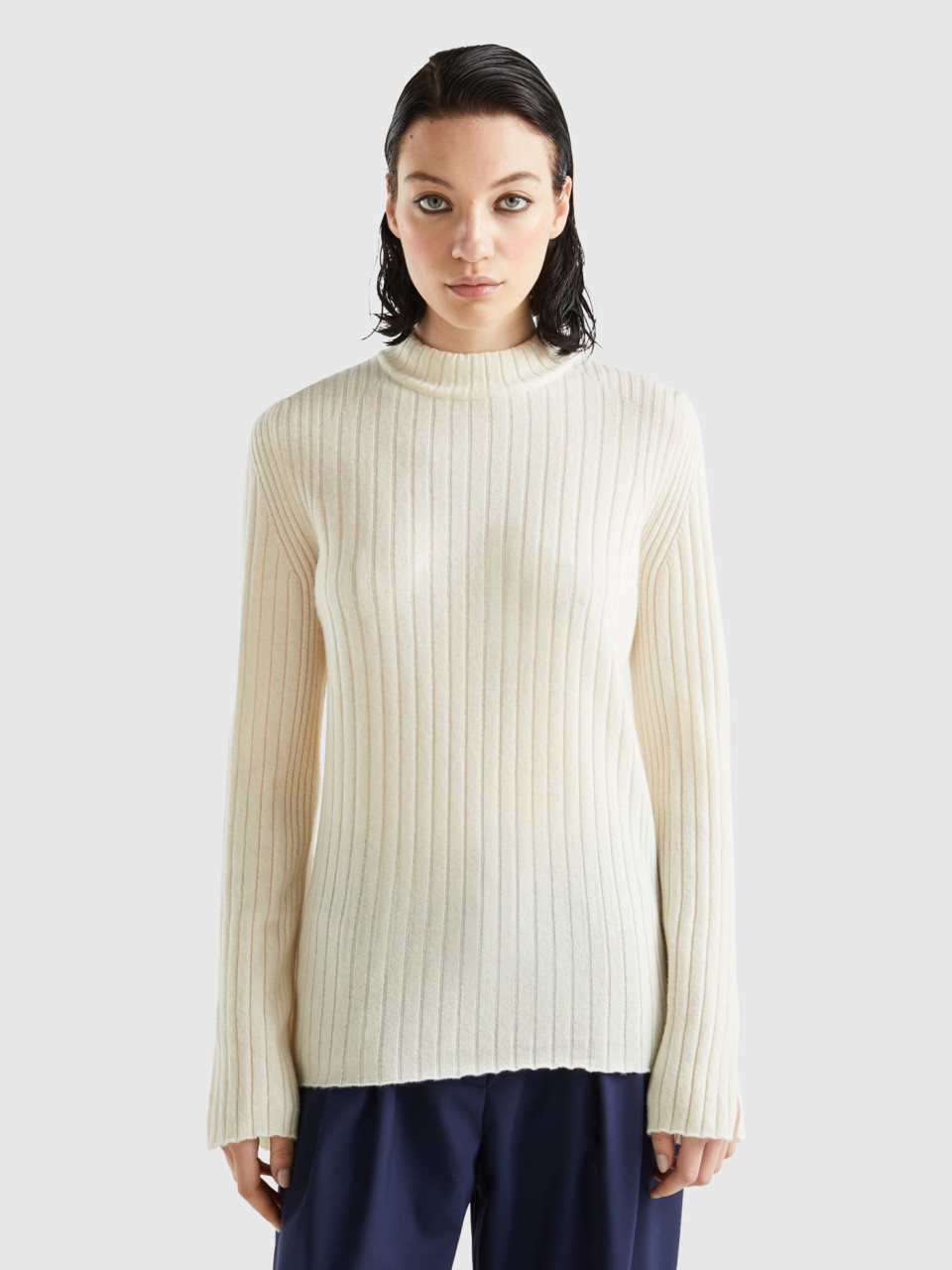 Benetton, Turtleneck Sweater With Slits, Creamy White, Women
