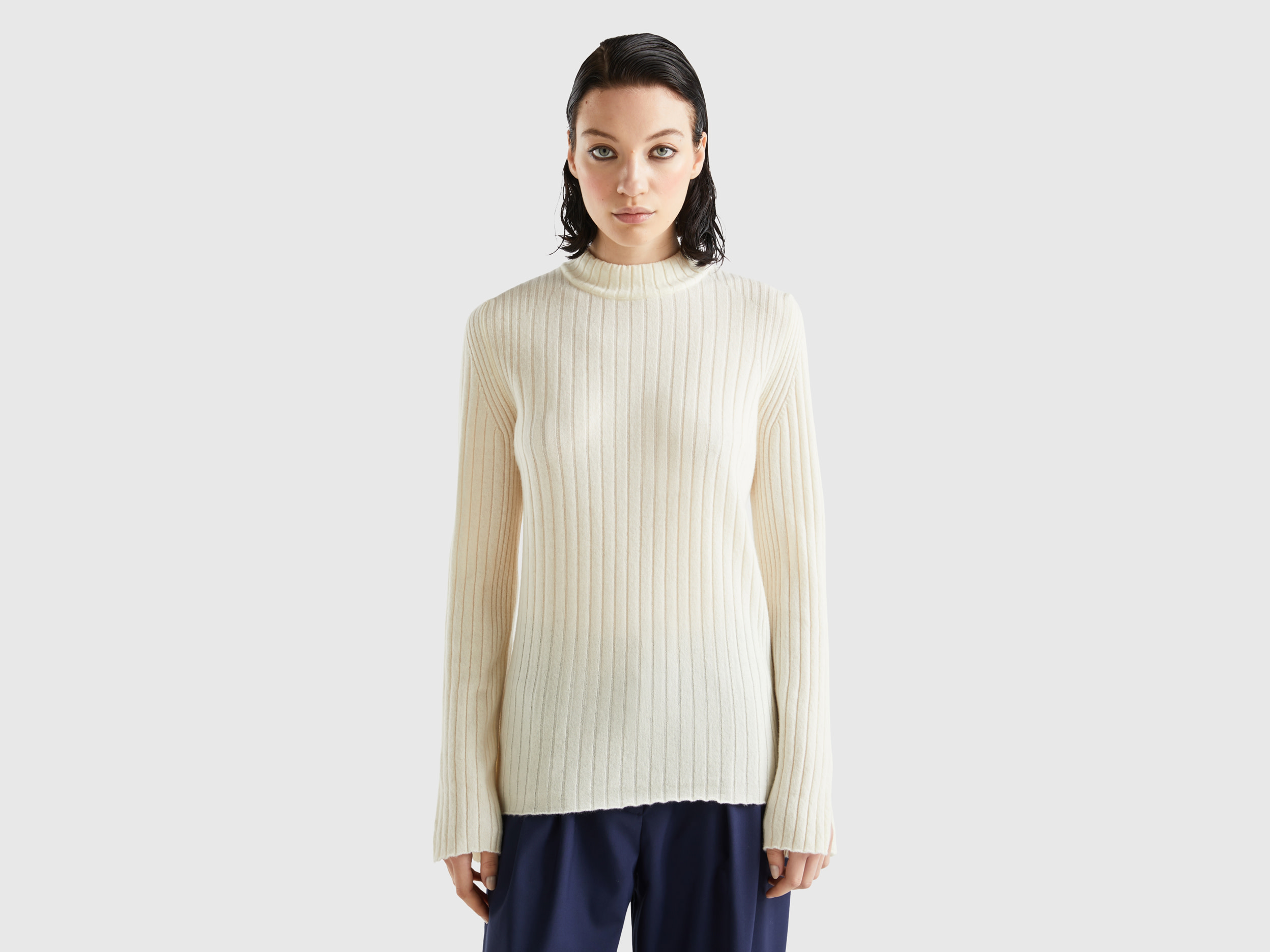 Benetton, Turtleneck Sweater With Slits, size XL, Creamy White, Women
