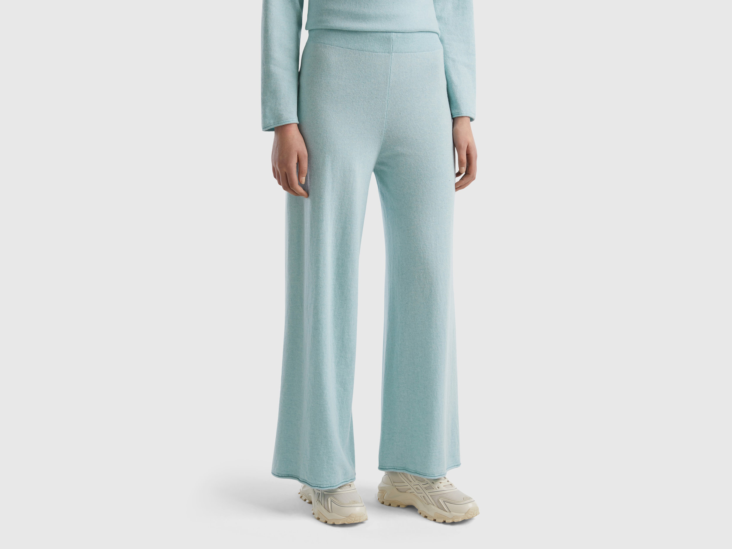 Benetton, Pantaloni Ampi Verde Acqua Chiaro In Misto Lana E Cashmere, Verde Acqua, Donna